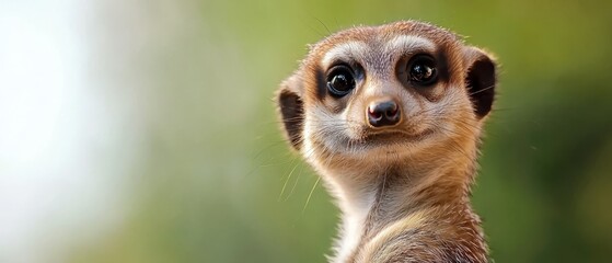 Fototapeta premium A tight shot of a meerkat's focused face gazes into the camera, backdrop softly blurred