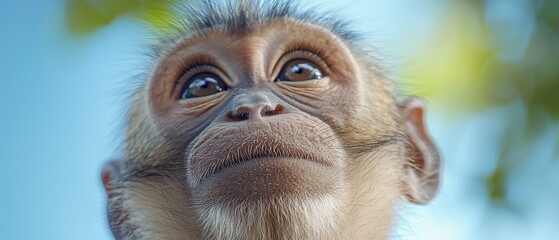  A tight shot of a monkey's expressive face Behind it, a large tree stands against a backdrop of a clear blue sky