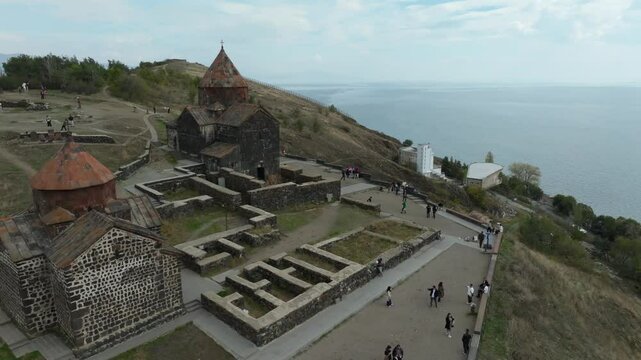 Aerial footage of the historic Sevanavank monastic complex in the Gegharkunik Province of Armenia