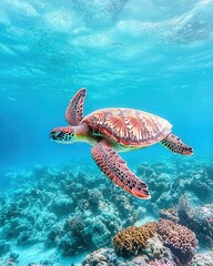 Fototapeta premium Vibrant Sea Turtle Gliding Over Coral Reef