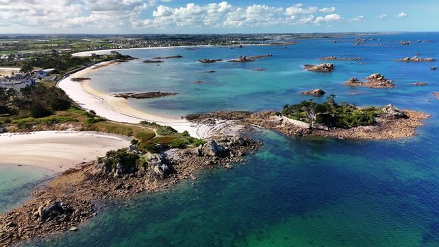 Aerial footage of the tip of Perharidy peninsula and Perharidy Castle in Roscoff city, France