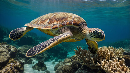 Obraz premium A sea turtle swims over a coral reef, surrounded by fish.
