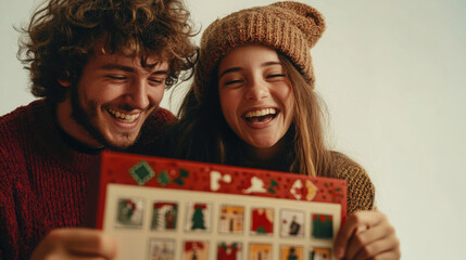 Joyful couple opening advent calendar in cozy winter attire for holiday fun