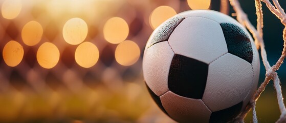  A tight shot of a soccer ball inside a goalie's net, surrounded by basketball lights in the background