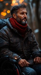 Obraz premium Thoughtful man in wheelchair with winter backdrop