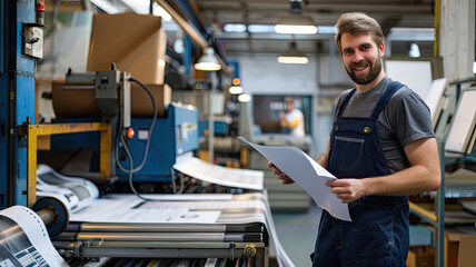 Professional Printer at Work: Smiling Man Operating Modern Machinery
