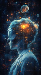 Obraz premium Futuristic Scientist with Digital Brain and Universe