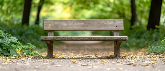 Naklejka premium A bench made of wood sits in the heart of a verdant park, surrounded by an abundance of green trees and fallen leaves