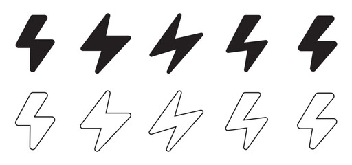 Electric power icon set. Power related icon set. flash thunder power icon.  Flash lightning bolt icon. Charge icon. Icons for renewable energy, green technology. Vector illustration