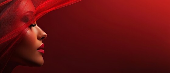  A woman in a red wig wears a veil, her back turned to the camera, conveying a serious expression