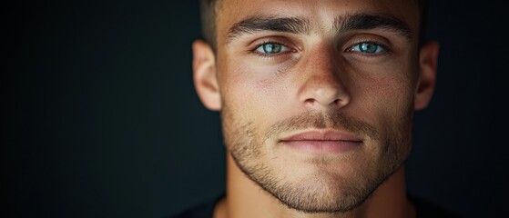 Obraz premium A man's face in tight focus, serious expression Black backdrop