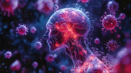 Human Brain with Virus Particles Abstract Concept