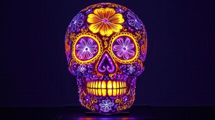 Vibrant sugar skull glowing in dark, radiant yellow and purple floral designs, luminous