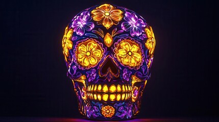 Vibrant sugar skull glowing in dark, radiant yellow and purple floral designs, luminous