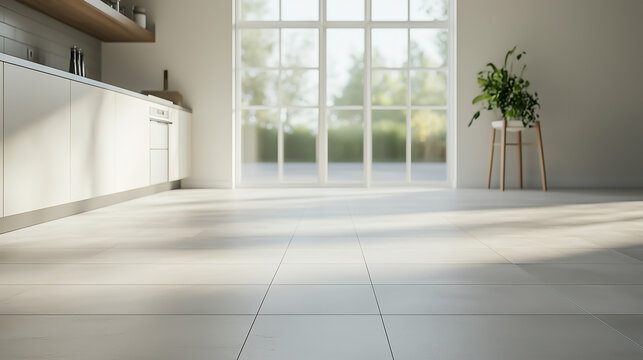 Clean tile floor, blurred airy kitchen interior, soft morning sunlight streaming in, fresh and open, bright modern decor