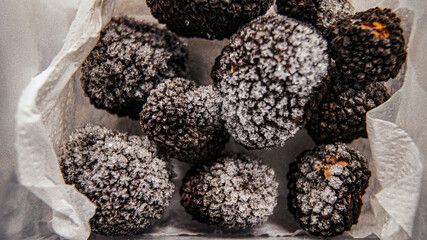 Black truffle, crystalline texture, black truffle mushroom in ice crystals, frozen storage, haute cuisine, close-up, Italy