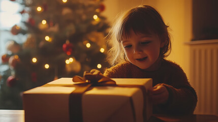 Joyful holiday moment: child opening gift by christmas tree