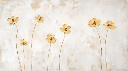 Hand Painted 3D Gold Oil Flowers. Flowers Wheat Grass Organic Oil Painting. Serene Female Cosmetic Background. Modern Floral Acrylic Canvas. Psychology Health Yoga Meditation Rich VIP Texture.