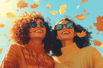 Two girlfriends, lesbian couple Romantic walk, happy couple with warm pullovers in autumn park. Smiling friends hugging in falling leaves. smiling in golden autumn leaves. Sunny weather hipster people