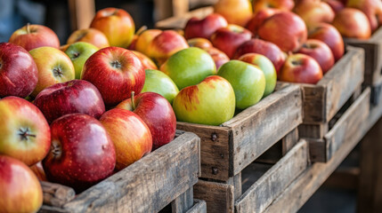 Wooden crates overflowing with freshly harvested apples for autumn market display