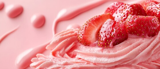 A tight shot of a desert scene featuring strawberries atop pink icing and sprinkles adorning a pink background