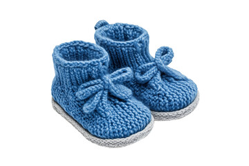 Warm woolen knitted blue booties for newborn baby boy. Isolated on transparent background, png for cut out
