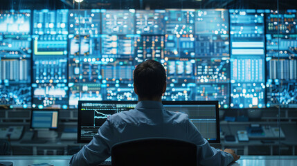 Caucasian Male Engineer in Modern Control Room Monitoring Electrical Power Systems. Concept of Technology Management, Energy Supervision, Workplace Efficiency, and Technical Expertise