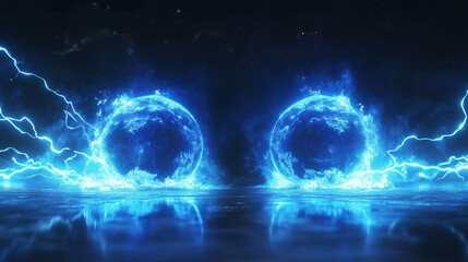 Obraz premium Electric blue balls on a dark background crackle with energy that pulsates around.