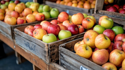 Freshly harvested apples in rustic wooden crates for autumn market display