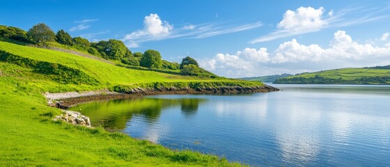  A large body of water is surrounded by a lush green hillside on both sides