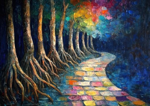 Colorful Pathway Surrounded by Vibrant, Textured Forest with Multi-Hued Trees, Imaginative Roots, Fantasy Art Theme, Dreamlike Nature Scene in Rich Colors