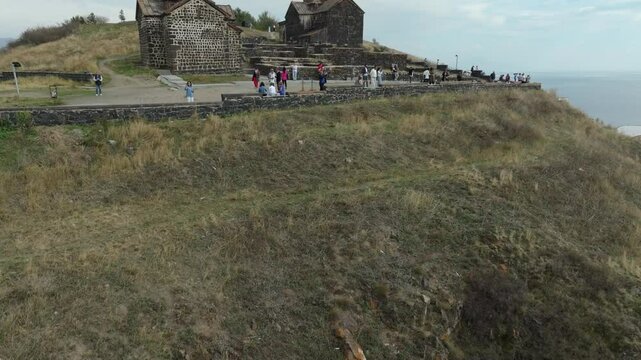 Aerial footage of Sevanavank monastic complex in the Gegharkunik Province of Armenia