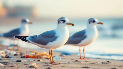 Obraz premium Seagulls standing on the beach with trash on a garbage strewn shore, soft waves in the background, showcasing pollution, threat to marine life.