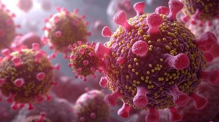 Obraz premium Realistic 3D Illustration of Coronavirus Particles Highlighting Spherical COVID-19 Virus Structure with Pink Spikes and Surface Details in Microbiology Image