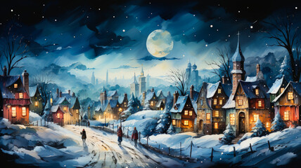Obraz premium Snowy Christmas Village Under Full Moon Night 