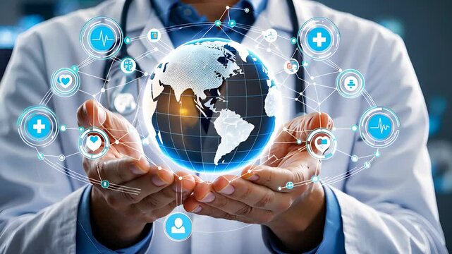  Doctor Holding Digital Globe Representing Global Healthcare Network