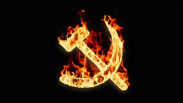 powerful imagery burning flame featuring communist Soviet Union's hammer sickle symbol highquality stock video footage captures dramatic essence amidst flames making strong visual