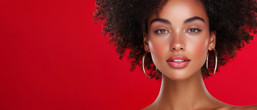  A woman with large hoop earrings is tightly framed against a bold red background Red backdrop emphasizes her accessorized look