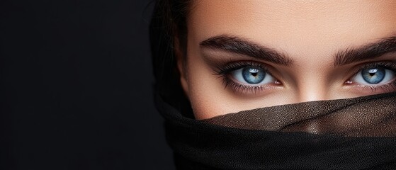 Naklejka premium blue eyes peek out from beneath a black veil that obscures the rest