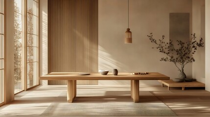 Japandi Style Dining Room Interior with Natural Wooden Table
