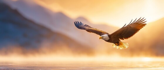 A bald eagle soars above a body of water, with a mountain range visible in the background