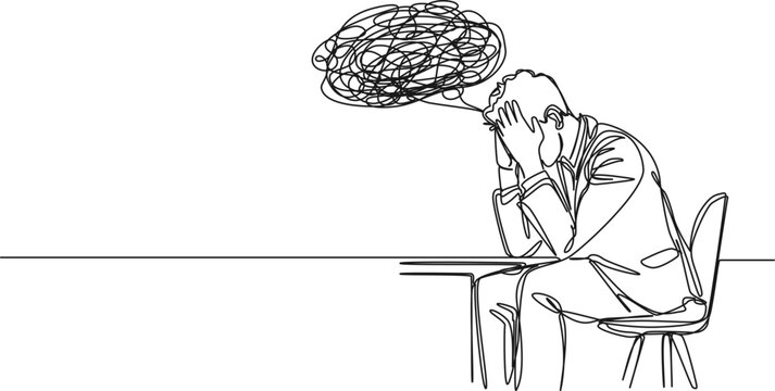 recommend clip art: continuous single line drawing of confused and stressed man sitting at table, line art vector illustration