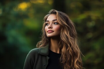 Obraz premium A portrait of a woman with wavy hair and a thoughtful gaze, set against a lush, green outdoor background, embodying natural beauty, serenity, and elegance