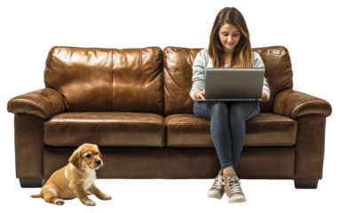 PNG Women sit on sofa laptop sitting leather.