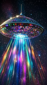 UFO with colorful lights in starry sky, futuristic technology and science fiction concept