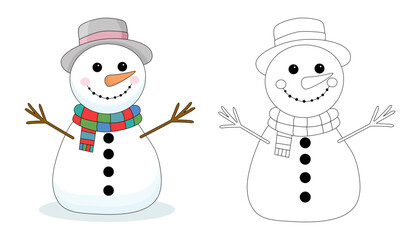 A set of snowmen in a scarf and hat.Contour coloring. The symbol of winter, Christmas, New Year