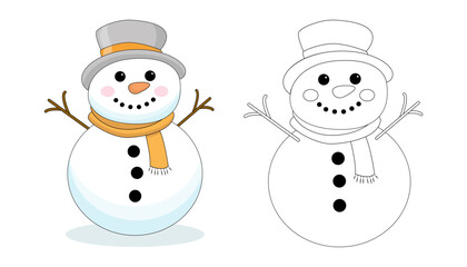 A set of snowmen in a scarf and hat.Contour coloring. The symbol of winter, Christmas, New Year