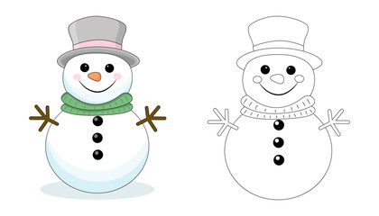 A set of snowmen in a scarf and hat.Contour coloring. The symbol of winter, Christmas, New Year