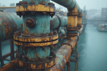 Rusty blue pipes of the plant against the background of the city. Industry, production, manufacturing