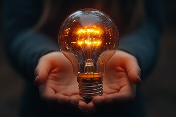 Glowing light bulb in palms. Technology, energy, new idea. Bright light